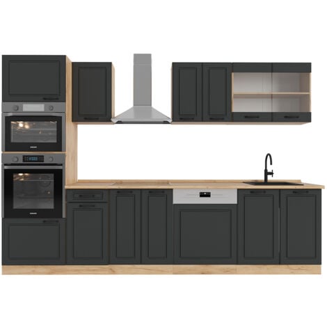 Cucina componibile R-Line, Antracite casa di campagna/rovere dorato, 300 cm con armadio alto, senza piano di lavoro, Vicco