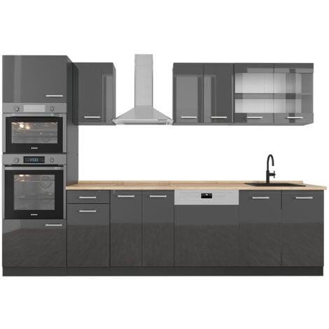 Cucina componibile R-Line, Antracite lucido/antracite, 300 cm con armadio alto, senza piano di lavoro, Vicco