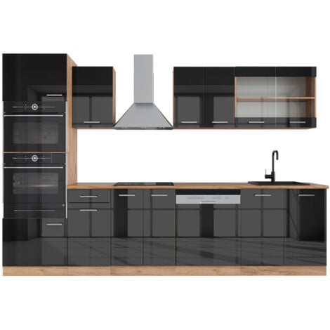 Cucina componibile R-Line, Antracite lucido/oro power oak, 300 cm con armadio alto, senza piano di lavoro, Vicco