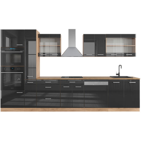 Cucina componibile R-Line, Antracite lucido/oro power oak, 350 cm con armadio alto, senza piano di lavoro, Vicco