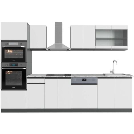 Cucina componibile R-Line, Bianco/antracite, 300 cm con armadio alto, PL Marmo, Vicco