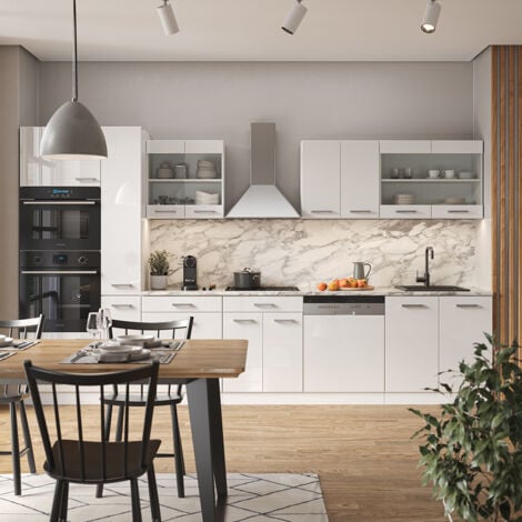 Cucina componibile R-Line, Bianco lucido/bianco, 350 cm con armadio alto, senza piano di lavoro, Vicco