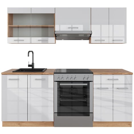 Cucina componibile R-Line, Bianco lucido/oro power oak, 200 cm senza piano di lavoro, Vicco