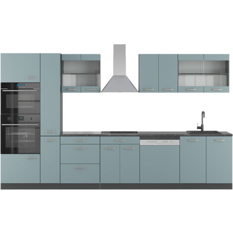 Cucina componibile R-Line, Blu-grigio/antracite, 350 cm con armadio alto, senza piano di lavoro, Vicco
