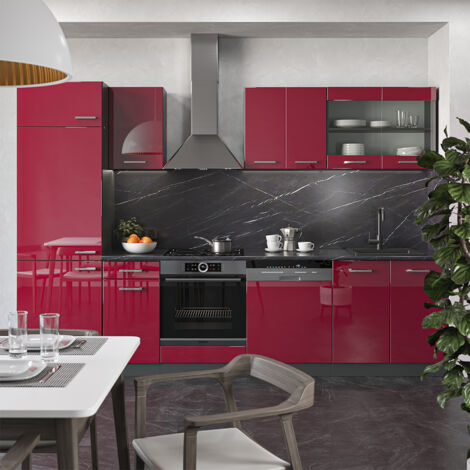 Cucina componibile R-Line, Bordeaux lucido/antracite, 300 cm senza piano di lavoro, Vicco