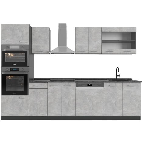 Cucina componibile R-Line, Calcestruzzo/antracite, 300 cm con armadio alto, PL Antracite, Vicco