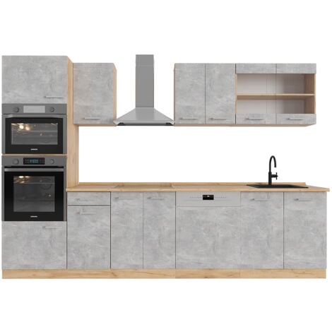 Cucina componibile R-Line, Calcestruzzo/quercia dorata, 300 cm con armadio alto, PL Rovere, Vicco