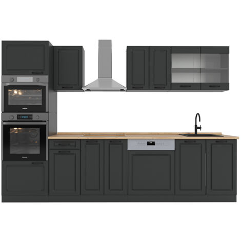 Cucina componibile R-Line, Casa di campagna antracite/antracite, 300 cm con armadio alto, senza piano di lavoro, Vicco