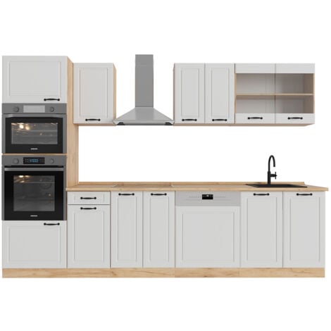 Cucina componibile R-Line, Casa di campagna bianca/quercia dorata, 300 cm con armadio alto, senza piano di lavoro, Vicco