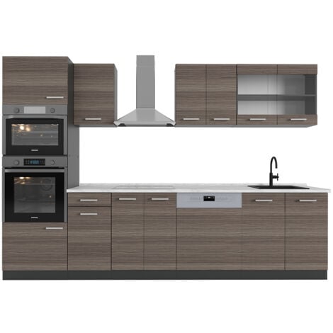 Cucina componibile R-Line, Grigio nobile/antracite, 300 cm con armadio alto, PL Marmo, Vicco