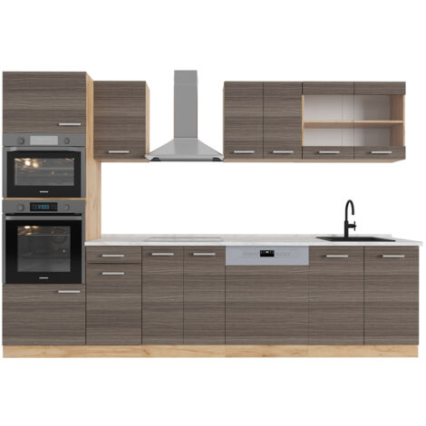 Cucina componibile R-Line, Grigio nobile/rovere dorato, 300 cm con armadio alto, PL Marmo, Vicco