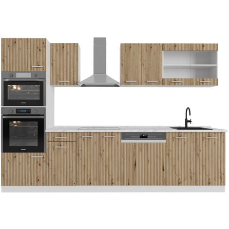 Cucina componibile R-Line, Rovere artigianale/bianco, 300 cm con armadio alto, senza piano di lavoro, Vicco