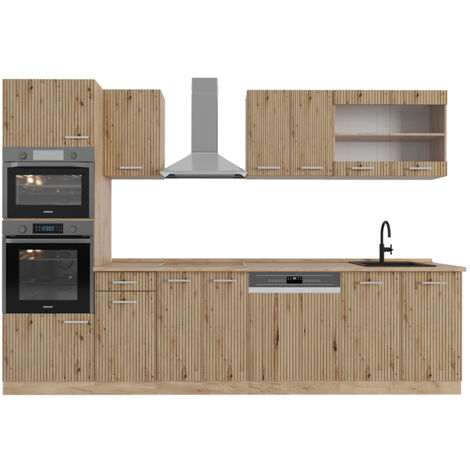 Cucina componibile R-Line, Rovere artigianale/rovere Goldkraft, 300 cm con armadio alto, senza piano di lavoro, Vicco