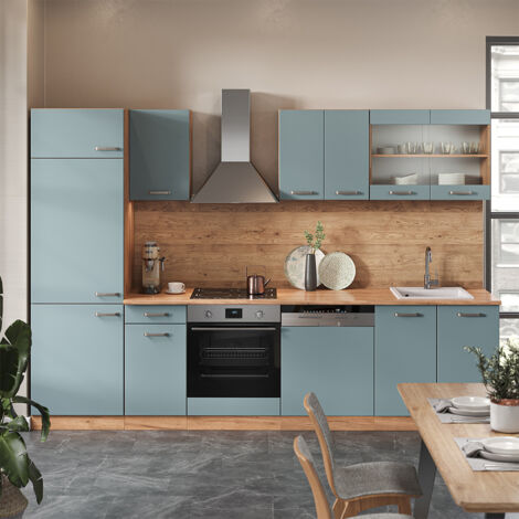 Cucina componibile R-Line, Rovere blu-grigio/oro, 300 cm senza piano di lavoro, Vicco