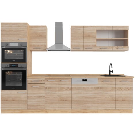 Cucina componibile R-Line, Rovere Sonoma/Goldkraft, 300 cm con armadio alto, senza piano di lavoro, Vicco