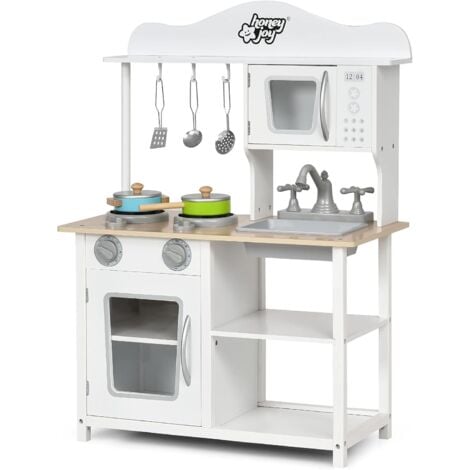 COSTWAY Cucina Giocattolo Per Bambini, Cucina di Legno con Accessori da Cucina, Set Cucina con Pentole e Utensili per Cucinare, Bianco