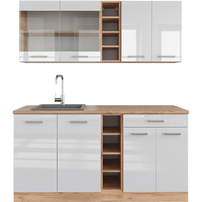 Vicco - Cucina completa R-Line, Bianco lucido/oro power oak, 160 cm senza piano di lavoro