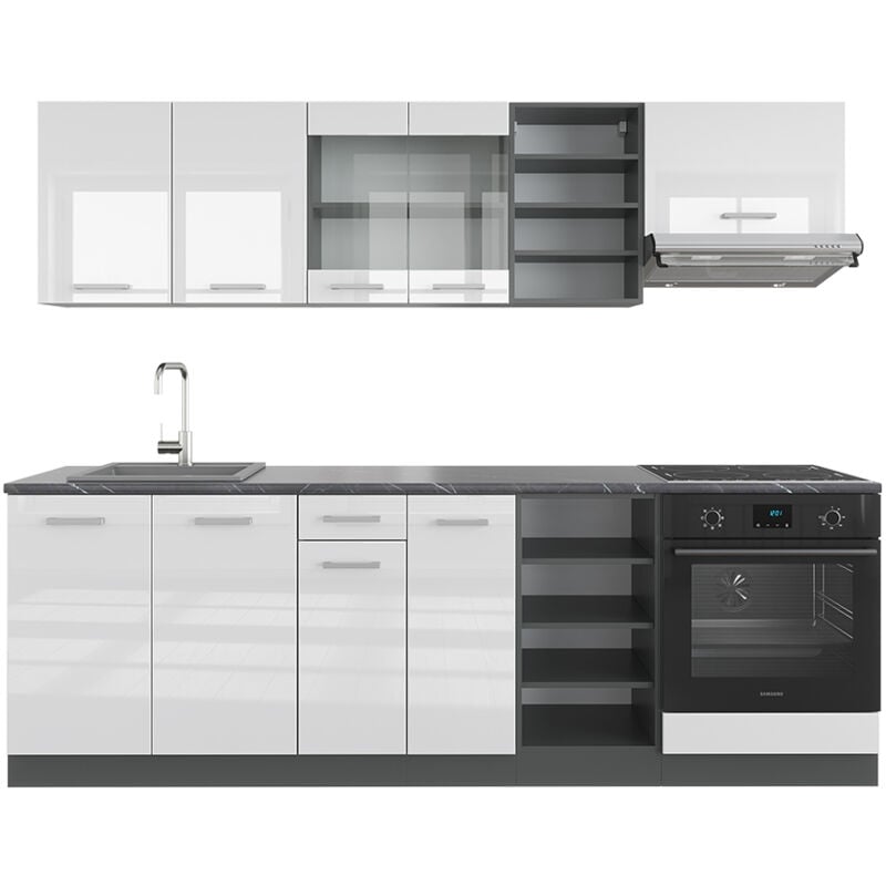 Cucina componibile R-Line, Bianco lucido/antracite, 240 cm senza piano di lavoro, Vicco