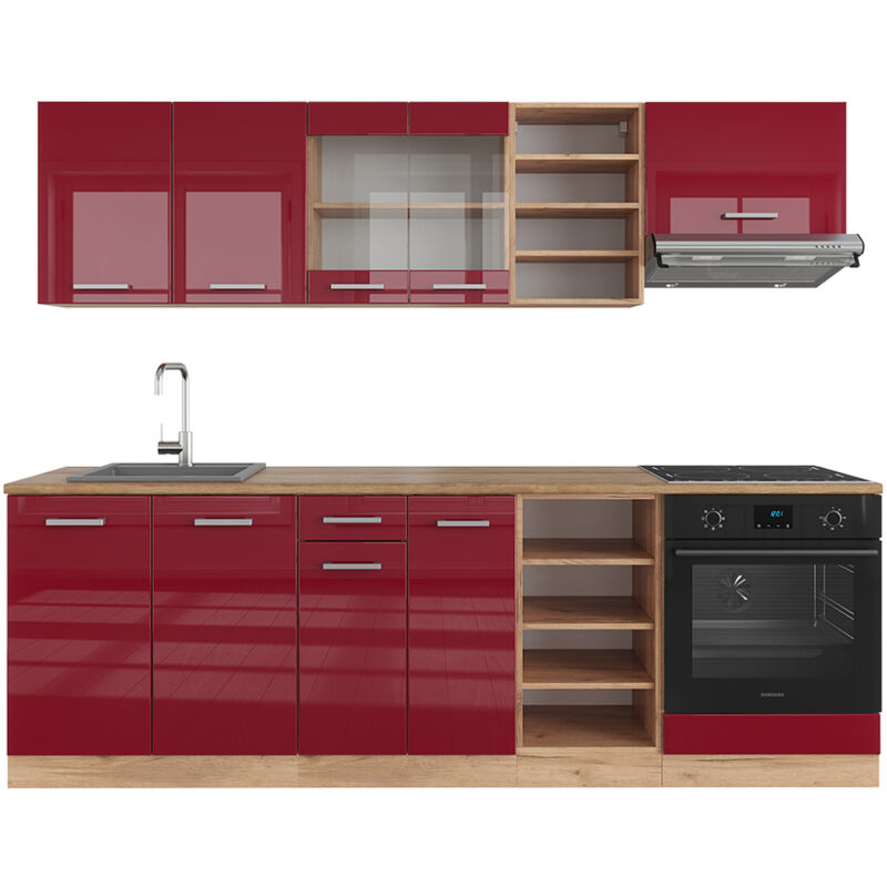 Cucina componibile R-Line, Bordeaux lucido/rovere dorato, 240 cm senza piano di lavoro, Vicco