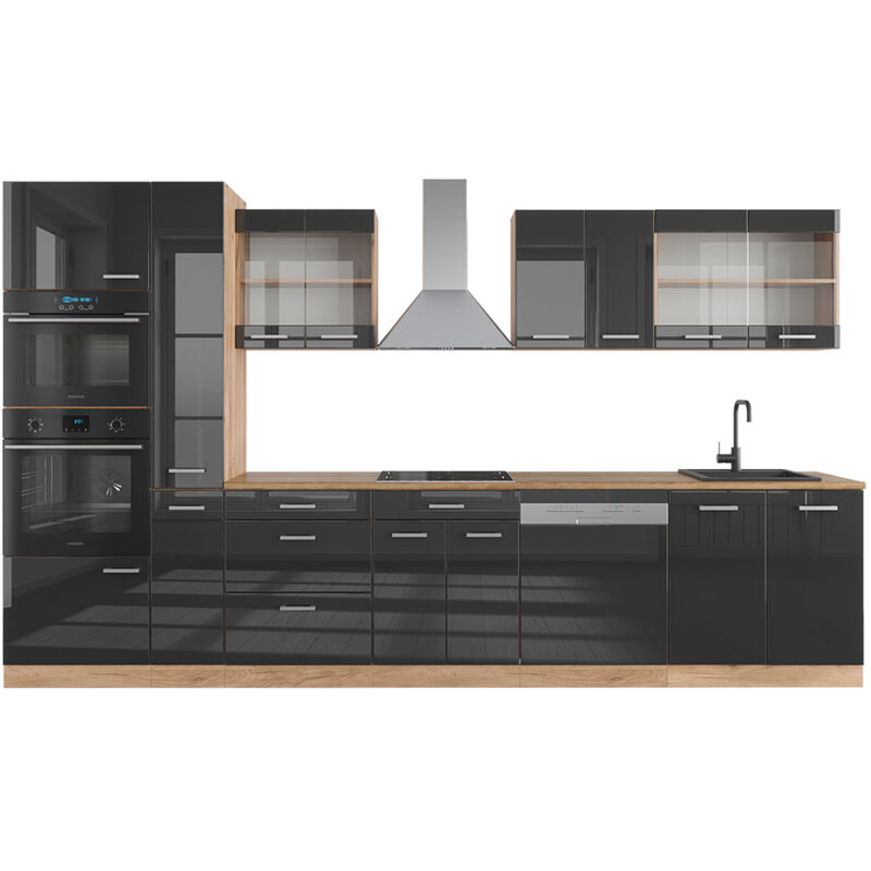 Vicco - Cucina componibile R-Line, Antracite lucido/oro power oak, 350 cm con armadio alto, senza piano di lavoro