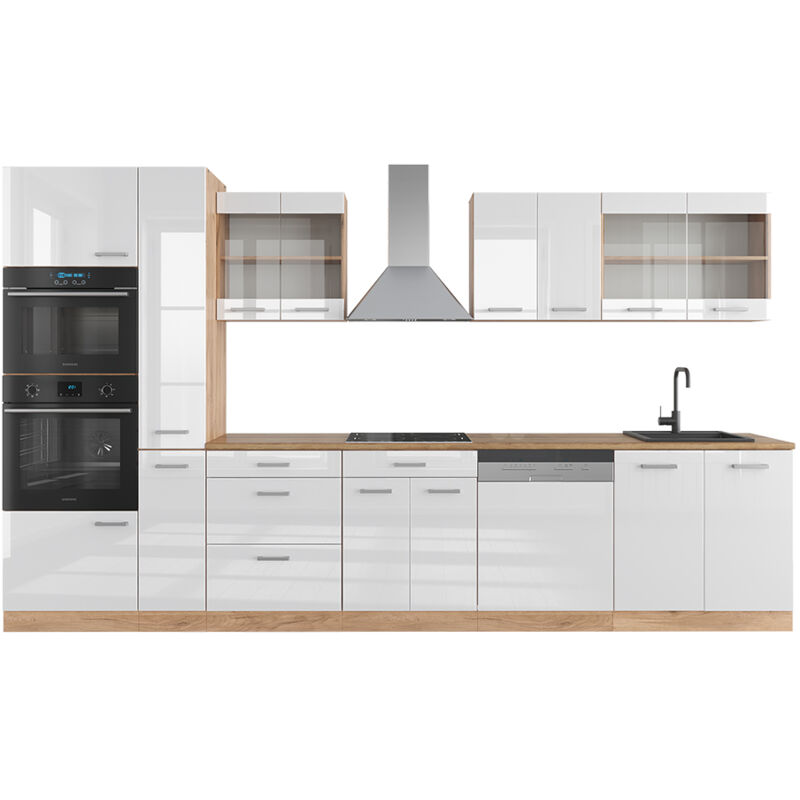 Vicco - Cucina componibile R-Line, Bianco lucido/oro power oak, 350 cm con armadio alto, senza piano di lavoro