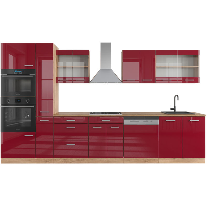 Vicco - Cucina componibile R-Line, Bordeaux lucido/rovere dorato, 350 cm con armadio alto, senza piano di lavoro