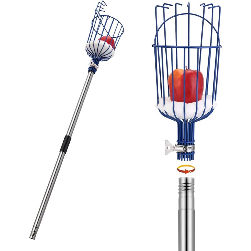 Cueille-Fruits avec Corbeille et Manche Télescopique 4 Mètres, Pince avec Panier en Acier Inoxydable pour Fruits Pomme Orange, Légèrement Stable et