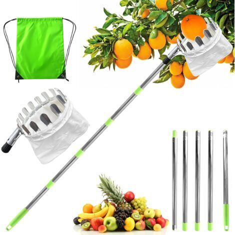Cueille Fruits avec Sac, Cueilleur de Fruits Amovible, Avec Manche Télescopique, 2m Ramasse Fruit de Inox, Sac de Collecte