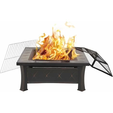Cuenco de fuego cuadrado multifuncional, chimenea para asar y calentar, canasta de fuego con protección contra chispas, red para parrilla, red para carbón y tenazas, cuencos de fuego para el jardín, utilizados para acampar y picnics