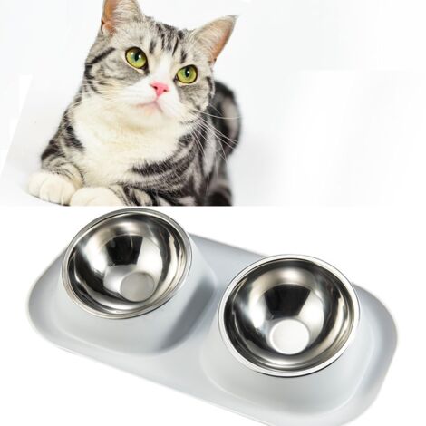 Cuenco doble para mascotas de acero inoxidable con protección antivuelco para el cuello Cuenco para gatos antiescape gris