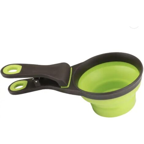 Cuenco medidor de silicona plegable 3 en 1 y clip para sellar bolsas para almacenar alimentos para perros y gatos, cuenco de viaje para agua y bocadillos (verde)