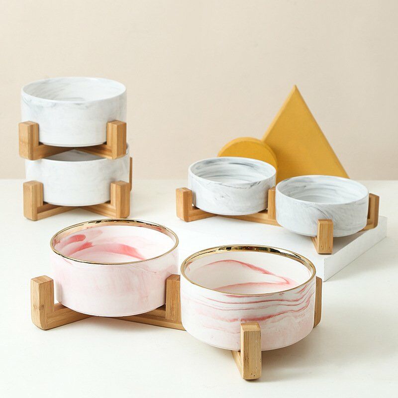 

Cuenco para mascotas, cuenco para gatos, cuenco para beber, con soporte de madera,1 * marmol rosa,Con soporte de madera