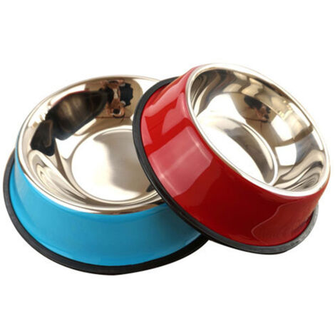 Cuencos antideslizantes de acero inoxidable, adecuados para perros de tamaño mediano.