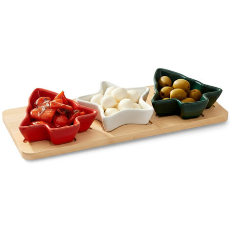 CUENCOS DE PORCELANA PARA APERITIVOS, SALSAS Y DIGAS EN UNA BANDEJA DE BAMBÚ (JUEGO DE 4)