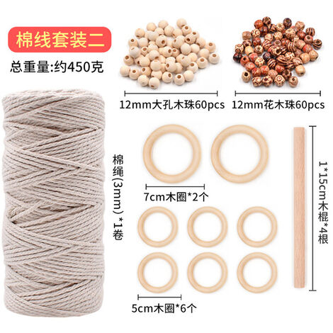 Cuerda de algodón Natural m con anillo de madera, palo de madera para bricolaje, Kit de macramé para mordedor, colgador de plantas colgante de pared,set 2