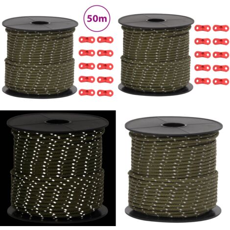 Cuerda de vientos con tiras reflectantes y tensores 50 m 4 mm - Cuerda de tienda - Cuerda reflectante