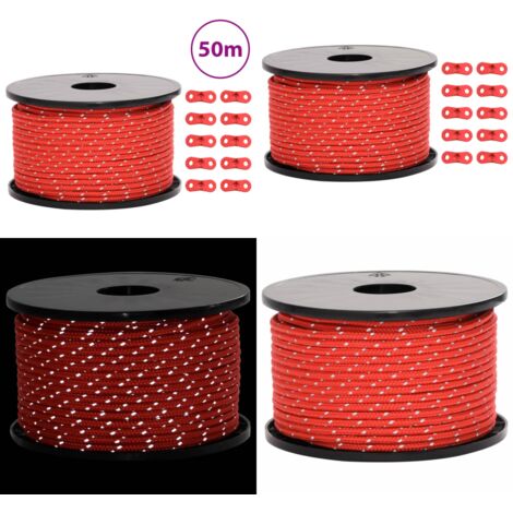 Cuerda de vientos con tiras reflectantes y tensores 50 m 5 mm - Cuerda de campaña - Cuerda reflectante