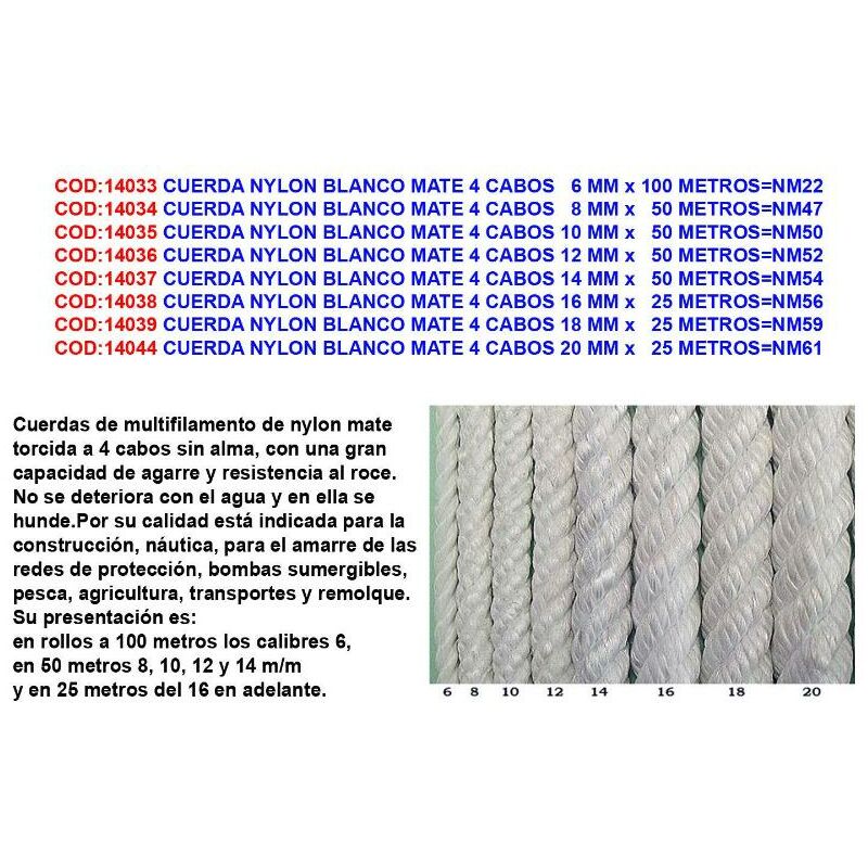 

cuerda nylon blanco mate 4 cabos 14 mm x 50 metros nm54 - Mibricotienda