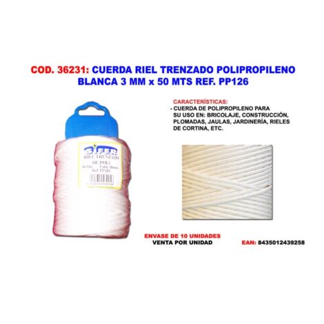 cuerda riel trenzado polipropileno blanca 3 mm x 50 mts pp126