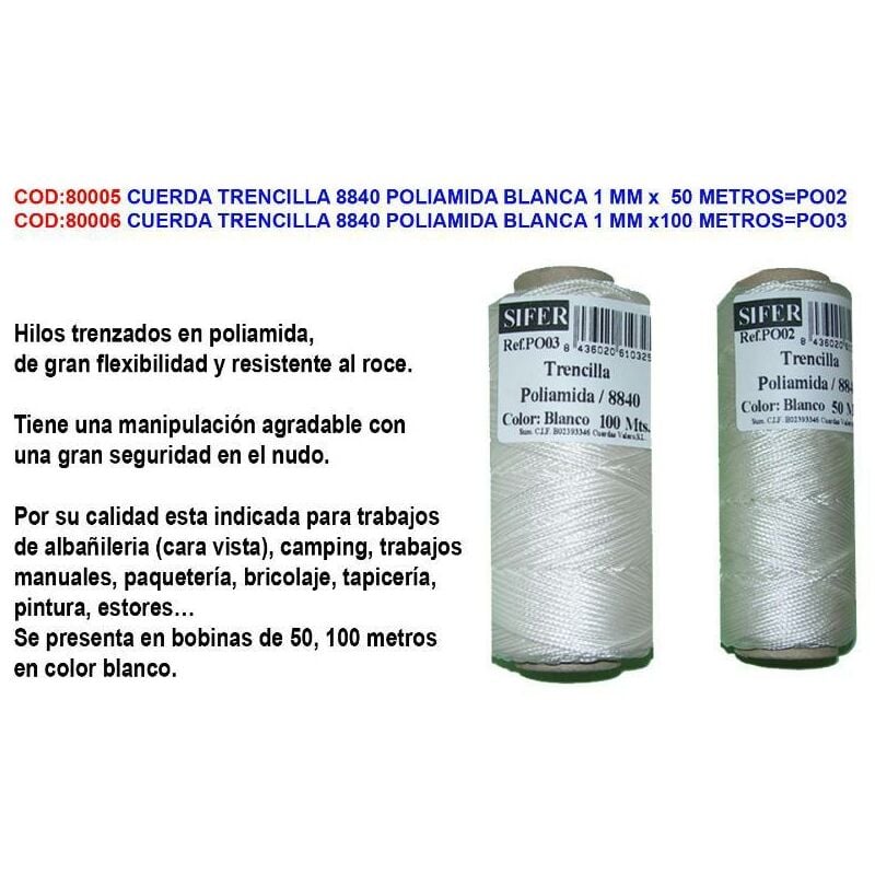 

cuerda trencilla 8840 poliamida blanca 1 mm x 50 m albañil po02 - Mibricotienda