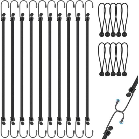 Cuerdas elásticas con ganchos, tensores de lona, cuerdas elásticas, 10 unidades, cuerdas elásticas con ganchos para equipaje, portaequipajes, camping - Resistentes a los rayos UV y a la intemperie (30