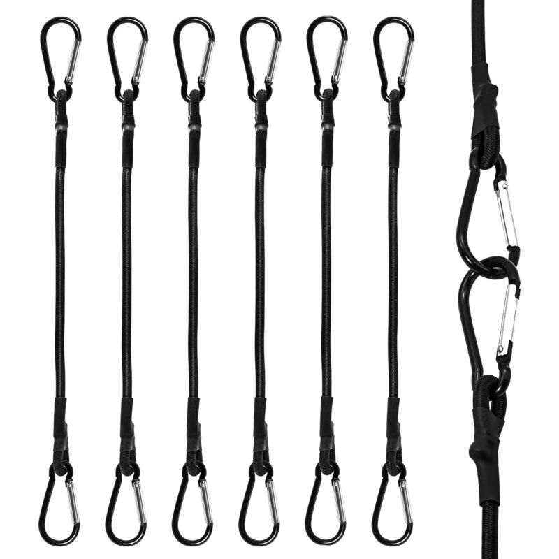 Cuerdas elásticas con mosquetones, 6 unidades, resistentes, de 60 cm, con ganchos para camping, lonas, tiendas de campaña, equipaje, coches y motos.