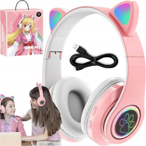 Cuffie wireless per bambini con microfono LED rosa a forma di orecchie di gatto