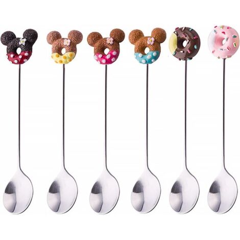 Cuillère à Café, 6 Pièces Cuillere a Cafe Inox Donuts et Cuillères en Forme de Mickey Mouse pour Enfants Cuillères à Dessert en Acier Inoxydable de Qualité Alimentaire 6 Couleurs pour Le Dîner