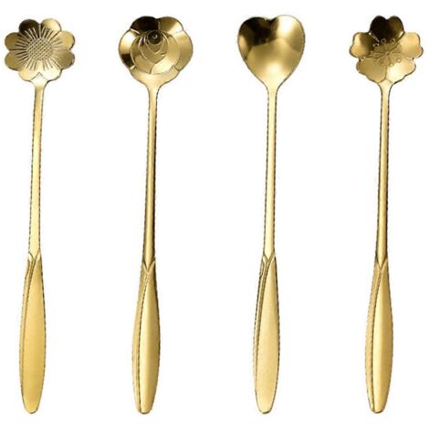 Cuillère à café dorée en acier inoxydable à motif de fleur de cerisier, 13 cm -