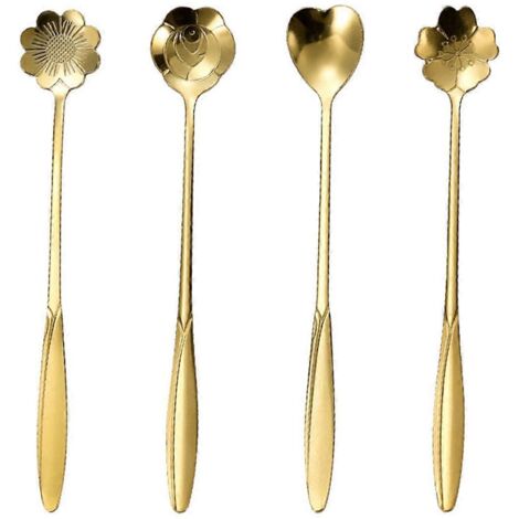 Cuillère à café dorée en acier inoxydable à motif de fleur de cerisier, 18 cm -