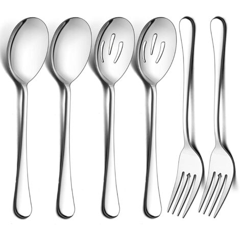 Cuillère À Service - Fourchette À Service - Inox 18/10 - Finition Miroir - L 25 Cm - Pour Buffet Banquet Restaurant - Lot De 6 Pièces