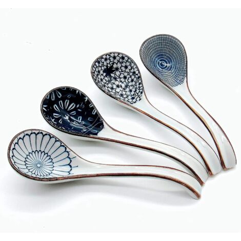 Cuillère à soupe asiatique, cuillère japonaise Pho de 16,3 cm avec long manche pour miso (porcelaine bleue et blanche, lot de 4)
