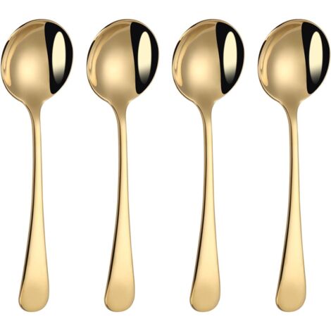 Cuillère À Soupe Ronde - Acier Inoxydable 304 - Bol Profond - Finition Miroir - Lavable En Lave-Vaisselle - Or - Lot De 4