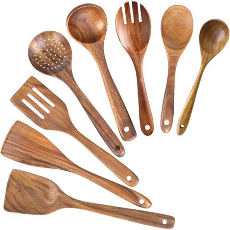 Cuillère En Bois - Spatule En Bois - Lot De 8 Ustensiles De Cuisine En Teck Naturel Sans Revêtement - Pour Casseroles Antiadhésives - Usage Cuisine Maison